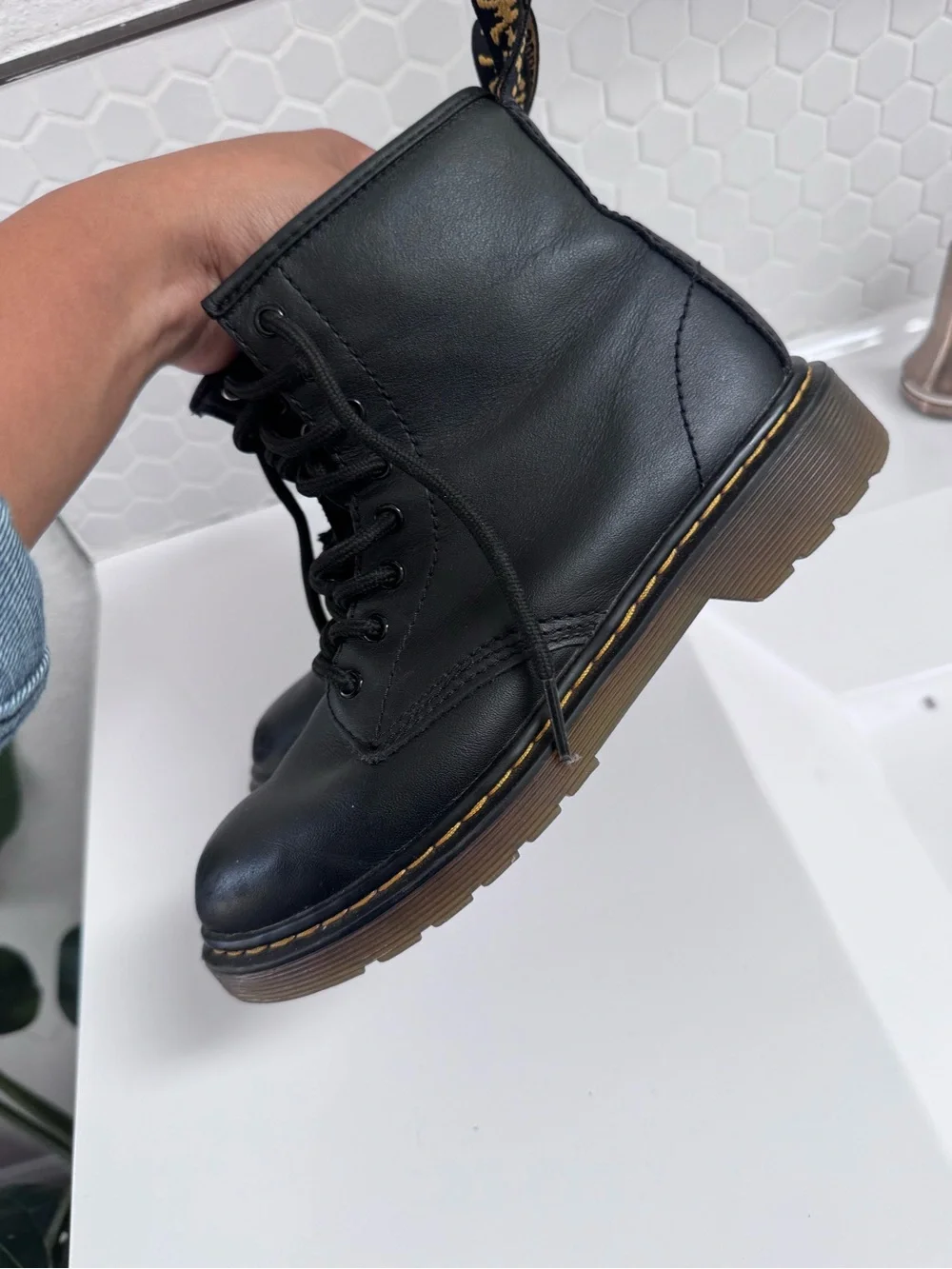 Dr. Martens Delaney Black Leather Lace-Up Boots in Size 2 youth Back to Class